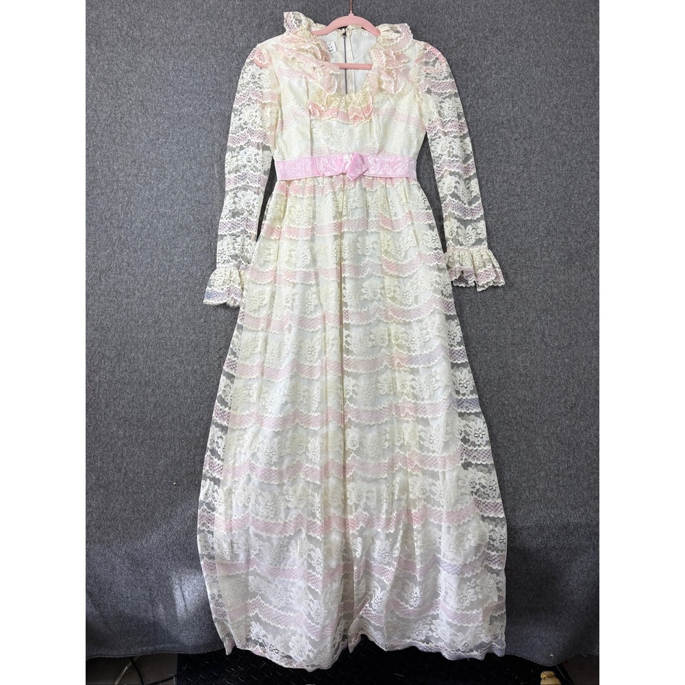 Vintage 70s Ivory Pink Tiered Lace Maxi Dress Ruffle Long Sleeve Prairie Gown‎